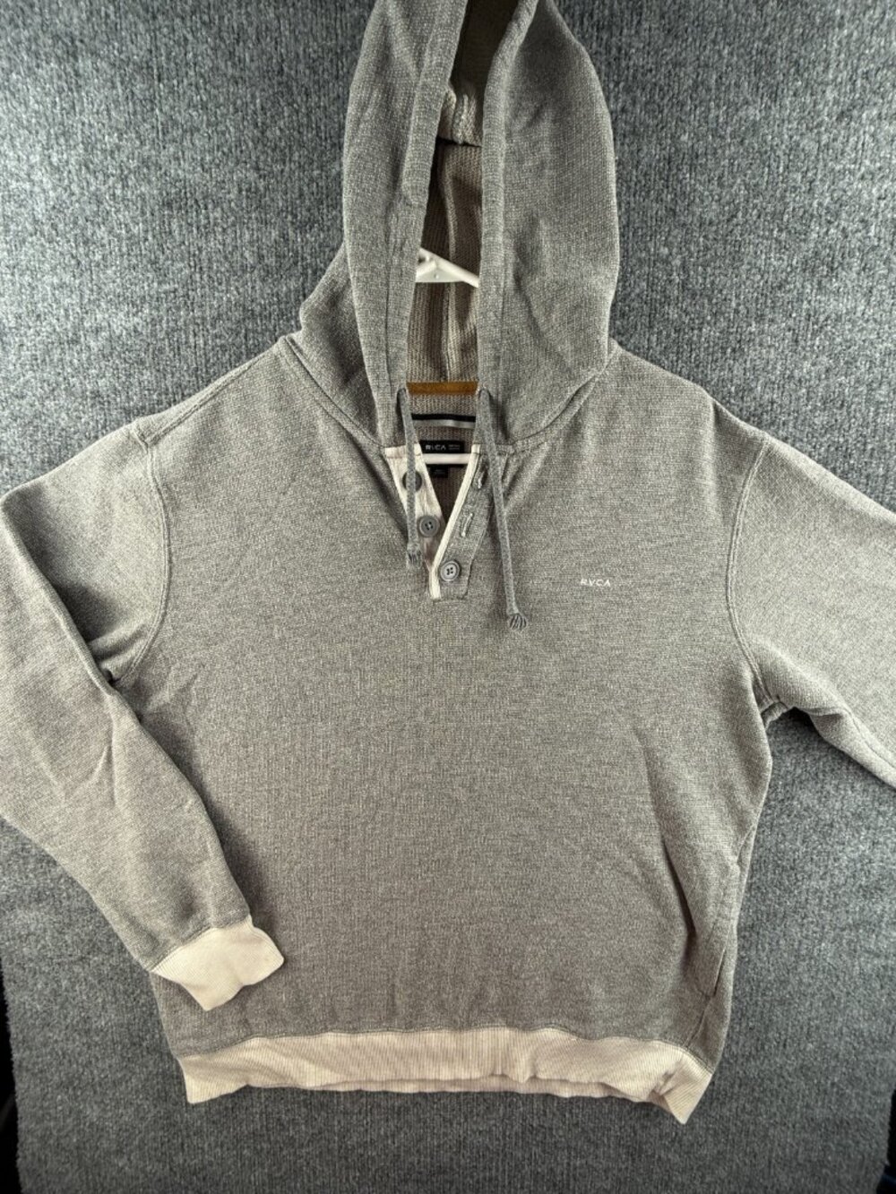 RVCA Hoodie Men Large Gray Pullover Knit Button Neck Drawstring Cotton Blend